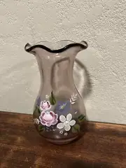 Vintage Mid 80's Fenton Art Glass Handpainted Purple Glass Vase