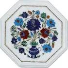 White Marble Coffee Table Top Floral Pattern Inlay Work Corner Table for Home
