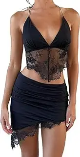 [Generic] Women's 2 Piece Outfits Asymmetrical Lace Halter V Neck Crop Top and Mini Skirt Sets