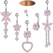 [Drperfect] 14G Belly Button Piercing Rings for Women - Surgical Stainless Steel with Cute CZ Flower, Butterfly, and Heart Designs -Belly Rings Dangle Navel Piercing Jewelry (Pink/Gold/Silver