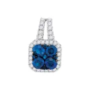 14k White Gold Round Blue Sapphire Diamond Square Cluster Pendant 3/4 Cttw