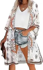 [CHICGAL] Women's Floral Print Short Sleeve Shawl Chiffon Kimono Cardigan Casual Blouse Tops