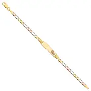 Real 14K Tri Tone Gold 6"Inch Figaro Chain Child Kid Flower Baby ID Bracelet