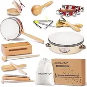 OMIKRAFTO Toddler Musical Instruments Natural Wooden Percussion Instruments Toy for Kids Preschool Educational, Musical Toys Set for Boys and Girls with Storage Bag