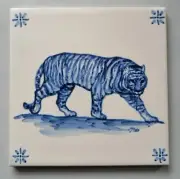 Beautifully Hand painted Portuguese Ceramic tile Panthera tigris Tiger Signed