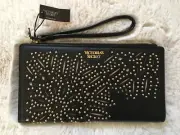 Victoria's Secret Studded Wallet Black Laser Cut Gold Studs Slim Wristlet NEW