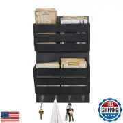 SWALLOW BRAND Mail Organizer Wall Mount with 4 Key Hooks, Rustic Wooden Hangi