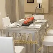 Thick PVC Golden lace Waterproof Rectangular Dining Table Cover 8 Seater 60x108 inches, Transparent trans004