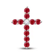 14k White Gold Round Created Ruby Cross Pendant 7/8 Cttw