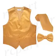 New Men's Solid Tuxedo Vest Waistcoat Necktie & Bowtie Set Party Prom Gold