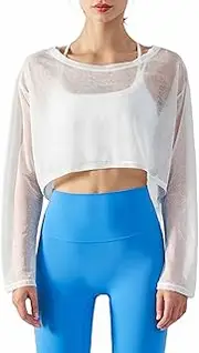 [Perbai] Womens UPF 50+ Sun Shirts Mesh Crop Top Lightweight Long Sleeve Workout Yoga Top
