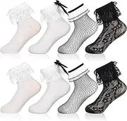 [Geyoga] 4 Pairs Women's Lace Frilly Ruffle Socks Mesh Lace Loose Socks Women's Casual Socks Ankle Socks Masquerade Socks Elastic Socks, White, Black