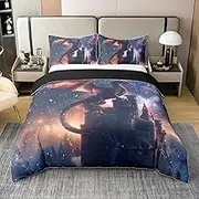 Manfei Western Dragon Kids Duvet Cover 100% Cotton Twin Size,Glitter Starry Sky Castle Retro Bedding Set for Boys Girls,Chinese Ancient Wild Animal Blue Comforter Cover,1 Pillowcase(No Filler)