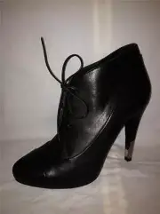 CHANEL 13B Black Leather Metal Heel Logo Cap Toe Lace Up Ankle Boots Shoes $1495