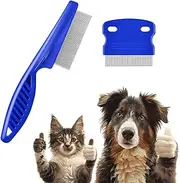 Pet Flea Comb Set, Stainless Steel Teeth with Anti-Slip Grip, Flea Lice Comb for Cats Dogs, Tear Stain Removal Grooming Tool, All Hair Types, Blue