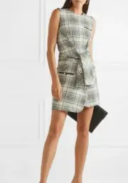 New $861 ALEXANDER WANG Tweed Plaid White Black Tie Front Leather Dress 2