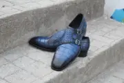 Handmade Men Blue Crocodile/Alligator Leather Double Monk Strap Dress Shoes