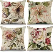Set of 4 Retro Rose Flower Beige Sofa Cushion Washable Polyester Flax Textile Decorative - ya01