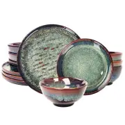 Dinner Set 12 Pieces - Round Reactive Glaze Tableware - Kitchen Dinnerware Po...