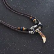 Men's Fashion Jewelry Brown Leather Beaded Weave Rope Tooth Pendant Necklace 420