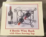 BLACK WROUGHT IRON WINE RACK w/CLEAR GLASS TOP SHELF Holds 4 - 750ml Bottles NEW
