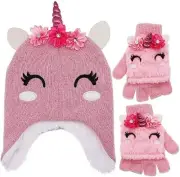 Little Girls Winter Unicorn Beanie Hat and Gloves Set Kids Knitted Earflap Cap