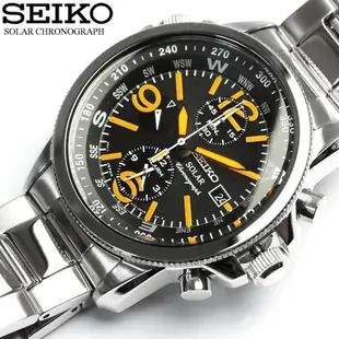 【金台鐘錶】SEIKO 精工SSC077P1   黑橘面盤 計時碼表 環保光動能 石英錶