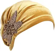 [Generic] Women's Stretch Velvet Turban Hat Beanie Beaded Flower Hair Wrap Cap Headwear