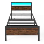 Giantex Single Size LED Bed Frame Metal Platform Bed w/Charging Station 2-Tier Storage Mattress Foundation