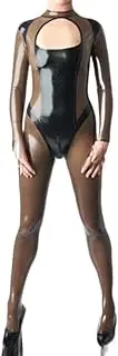 [DAIJES] Black and Transparent Brown Latex Catsuit with Long Sleeves Front Open Rubber Bodysuit