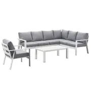 Jervis 7-Seater White Aluminium Outdoor L-Shaped Sofa Lounge Set – Pebble Grey Cushions