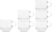 6X Clear 90ml Cozy Stacking Glass Espresso Cups - Coffee Latte Tea Hot Chocolate Macchiato Drinking Mugs Glasses Set with Handle - by LAV