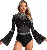 [Jugaoge] Womens Figure Skating Rhythmic Gymnastics Costume Flare Sleeve Rhinestone Ballet Dance Leotard