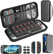 HEYSTOP Switch Case / Switch OLED Case Accessories Compatible with Nintendo Switch & OLED Model, Carry Case with Joycon Grip / PlayStand / Thumb Grips Caps for Nintendo Switch & OLED Model, Black