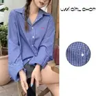 Comfortable Womens Casual Top with Plaid Pattern and Embroidered Letters