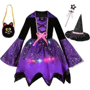 Kids Girls Halloween Party Witch Cosplay Costume Outfit Led Dresses With Hat Magic Wand Crossbody Bag Gifts - 10-12 Years