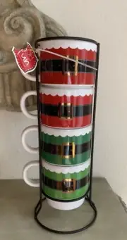 Santa Stackable Mugs Stoneware Christmas Mugs Cups Coffee Tea Set Rack