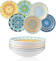 AHX Ceramic Pasta Bowls Salad Bowl - Porcelain Serving Bowl Set of 6-8" Wide and Shallow Soup Bowls Plates Set - Microwave and Dishwasher Safe(23OZ)