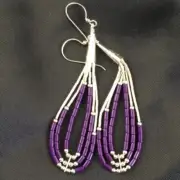 Purple Stone 3 Strands Heishi Liquid Sterling Silver Dangle Earrings 1989