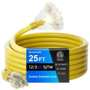 25 FT Outdoor Extension Cord with Multiple Outlets, 12 Gauge Heavy Duty Yello...