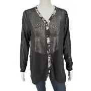 LOGO by Lori Goldstein Sweaterknit Cardigan w Printed Back Small Sz Black Top