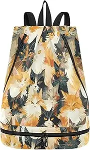 Yoogain Maine Cats Famliy Yellow Black Drawstring bags for women yoga drawstring backpack with Wet Dry Compartments, Maine Cats Famliy Yellow Black, 1 size