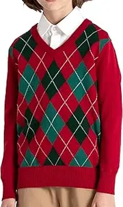 [BOBOYOYO] Boys Argyle Sweater 100% Cotton Cable Knit Boys Uniform Sweater V-Neck Christmas Kids Pullover for Children 5-14 Y