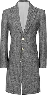 [Pyiuhs] Retro Herringbone Mens Long Trench Coat Jackets Tweed Slim Fit Prom Peacoat Wool Blend Blazer Casual Men Winter Jacket