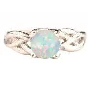1.00Ct Round Shape 100% Natural Australian Opal Women's Ring In 14KT White Gold