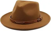 [QUUPY] Womens Classic Felt Fedora Hat Wide Brim Floppy Panama Hat Fall Winter Jazz Hat with Belt Buckle Band and Adjustable Drawstring Khaki Color, Khaki, One Size