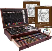 Art Set 145-Piece Wood Box Paint Drawing Kit Storage Case Sketch Pads Watercolor