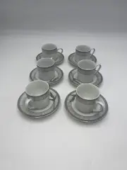 Auratic Safa Espresso Porcelain Cups and Saucers Silver Trim, Set Of 12 Pieces