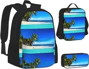 [ERCgad] Palm Trees And Clear Sea Print Canvas 3-In-1 School Bags Set Backpack Lunch Bag Pencil Case Combo For Men Women, Black, One Size