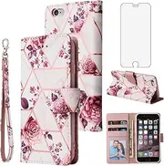 Compatible with iPhone 6plus 6splus 6/6s Plus Wallet Case and Tempered Glass Screen Protector Card Holder Phone Cover for iPhone6 6+ iPhone6s 6s+ i 6P 6a S Six iPhone6splus Women Men Rose Gold